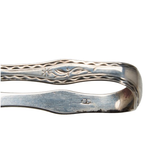 1 - A PAIR OF GEORGE III BRIGHT CUT SUGAR TONGS A pair of slender bow form sugar tongs bright cut and en... 