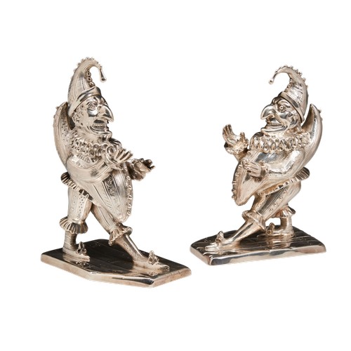 TWO EARLY VICTORIAN SILVER FIGURAL POSY HOLDERS / INKWELLS IN THE FORM OF PUNCH