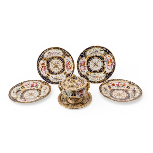 56 - A COALPORT PART SERVICE ornately decorated with birds and flowers on a dark blue ground with heavy g... 