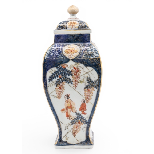 5 - A SAMPSON COVERED BALUSTER VASE of square form in Japanese style with blue, gilt and orange glazes d... 