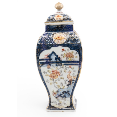 5 - A SAMPSON COVERED BALUSTER VASE of square form in Japanese style with blue, gilt and orange glazes d... 