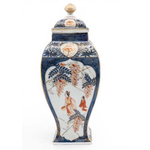 5 - A SAMPSON COVERED BALUSTER VASE of square form in Japanese style with blue, gilt and orange glazes d... 