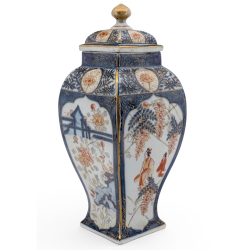 5 - A SAMPSON COVERED BALUSTER VASE of square form in Japanese style with blue, gilt and orange glazes d... 