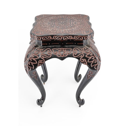 51 - A CHINESE TIXI LACQUER TABLEEARLY 20TH CENTURYraised on cabriole scroll end supports26cm wide, 39cm ... 