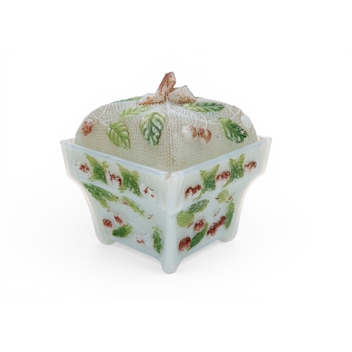 6 - A VINTAGE PRESSED GLASS BOX  decorated with cherries and cold painted. 13 x 11 x 11 cms