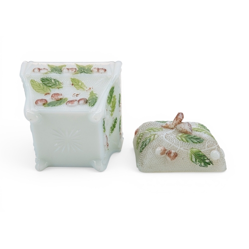 6 - A VINTAGE PRESSED GLASS BOX  decorated with cherries and cold painted. 13 x 11 x 11 cms