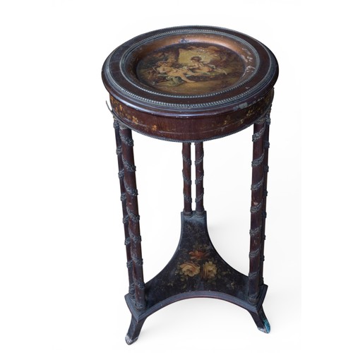 46 - A LOUIS XVI-STYLE LAMP TABLEthe circular dish form top painted with winged putti and a lamb in a woo... 
