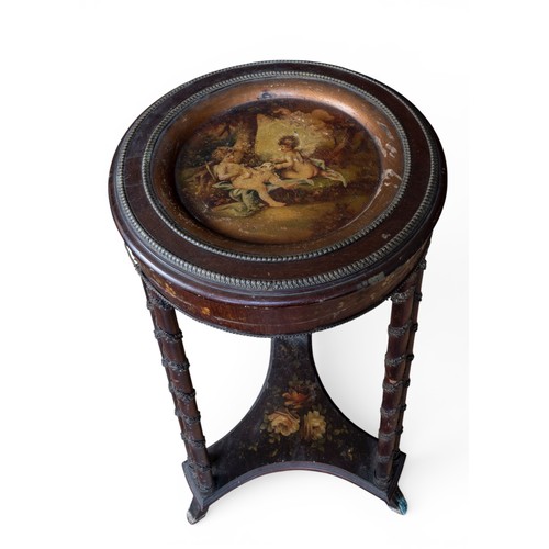 46 - A LOUIS XVI-STYLE LAMP TABLEthe circular dish form top painted with winged putti and a lamb in a woo... 