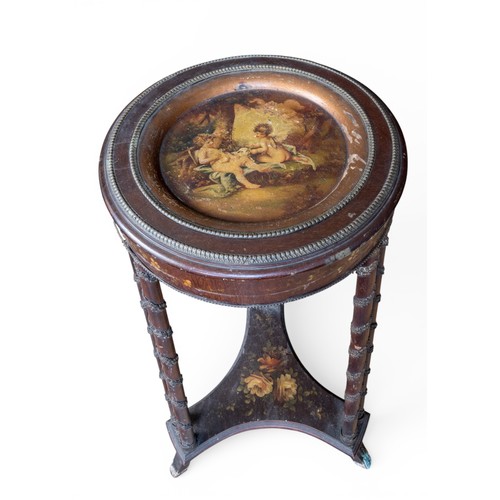 46 - A LOUIS XVI-STYLE LAMP TABLEthe circular dish form top painted with winged putti and a lamb in a woo... 