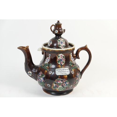22 - Measham dated teapot and cover, inscribed 'Mrs H O'Neill, Foleshill, 1893', typical design with appl... 