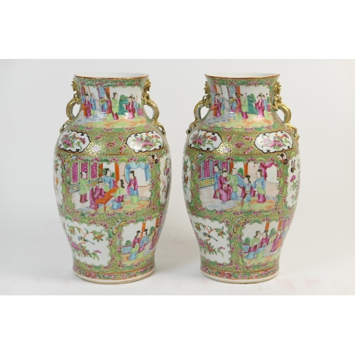 5 - Pair of Cantonese famille rose vases, mid 19th Century, ovoid form with wide neck and gilded salaman... 
