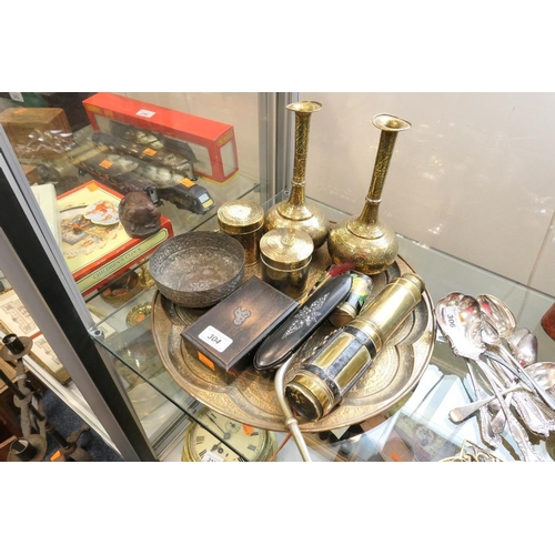 304 - Indian brassware including pair of bottle vases, tray, canisters; also leather and brass studded thr... 