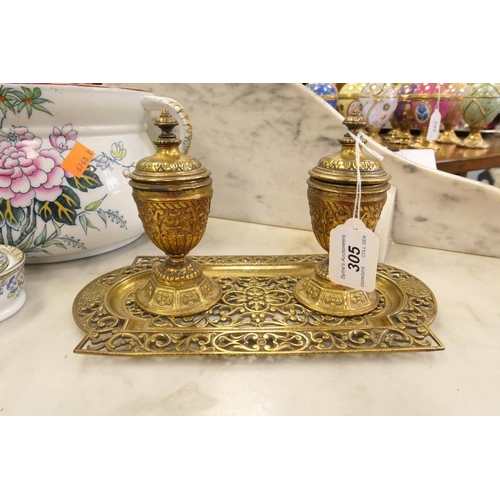 305 - French brass inkstand with two urn form inkwells