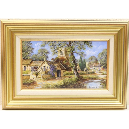 295 - Gordon Lees (Contemporary), Church Farm, oil on canvas, signed, 20cm x 34cm