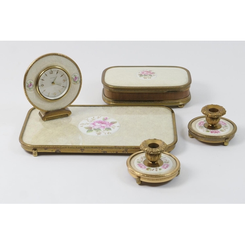 430 - Late 1950s petit-point dressing table set, comprising tray with metal border and briar rose decorate... 