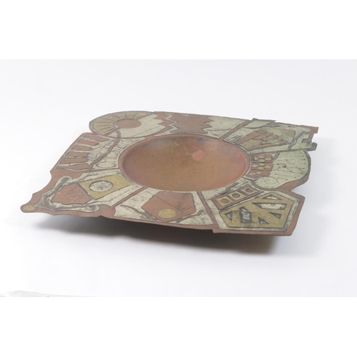 435 - Handcrafted Chester copper bowl, circa 1900, shaped square form, the border of nickel, brass and cop... 