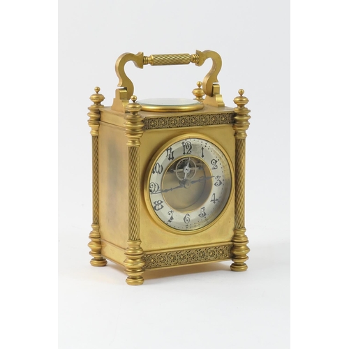 436 - French brass carriage style mantel timepiece, circa 1900, the top with folding handle and an inset w... 