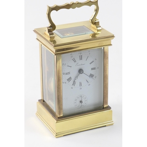 437 - French brass carriage clock, with alarm, white dial with Roman numerals, signed and with subsidiary ... 