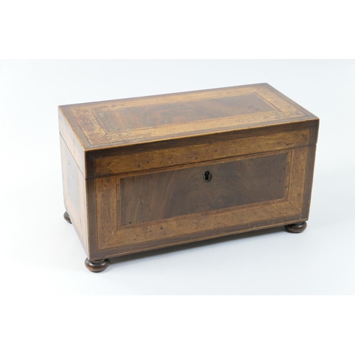 438 - Late Georgian mahogany and birds eye maple tea caddy, circa 1830, with a broad band of maple crossba... 