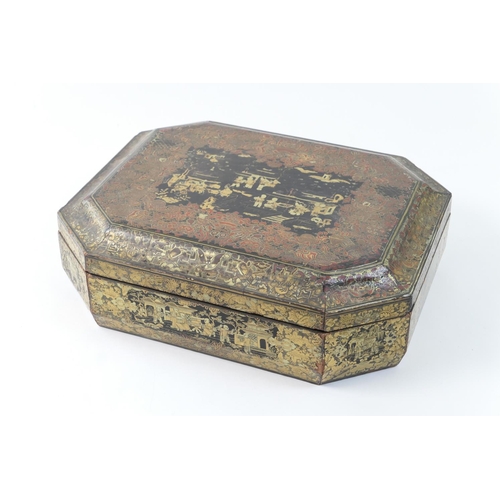 442 - Chinese gilt lacquered compendium box, 19th Century, canted rectangular form containing seven compar... 