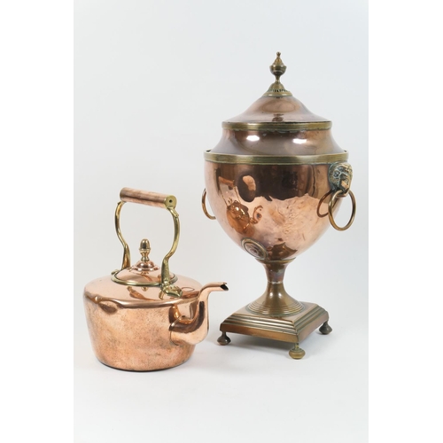 446 - Victorian small copper kettle, 18.5cm diameter; also a Regency copper samovar with rams mask and rin... 