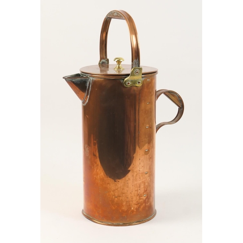 449 - Victorian copper cylinder lidded water jug, with swing handle and side handle, height 34cm