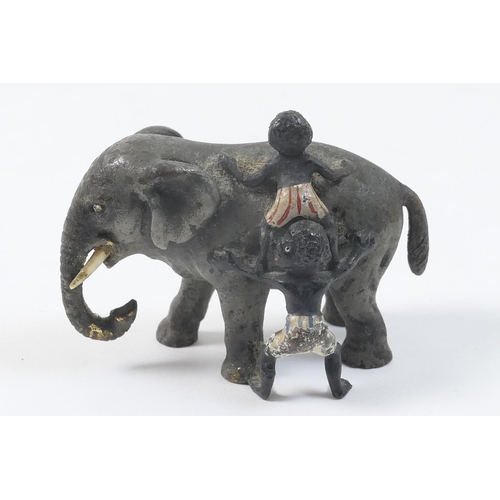 453 - Austrian cold painted bronze, circa 1900, depicting two boys climbing on the back of an elephant, 6c... 