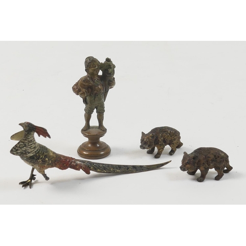 455 - Austrian bronze seal, circa 1900, cast as a boy with flowers and a piglet, 6cm; also two cold painte... 