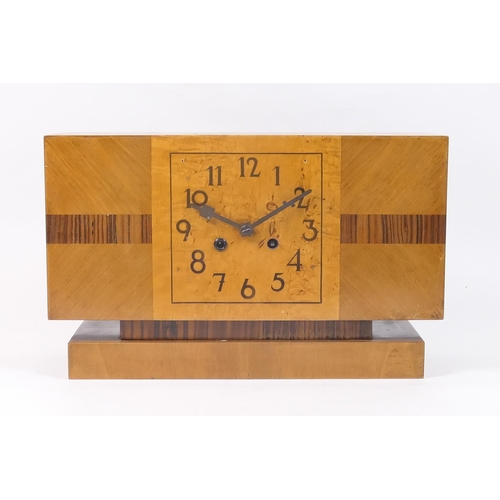 461 - Art Deco walnut, burr maple and coromandel mantel clock, circa 1930, rectangular case with maple dia... 