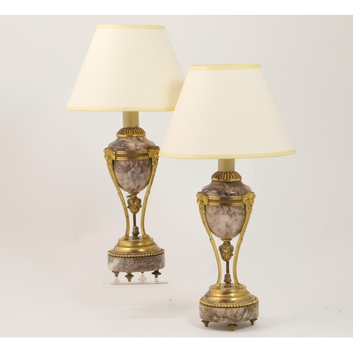 464 - Pair of French ormolu and grey marble cassoulettes (converted to table lamps), of urn form with mask... 