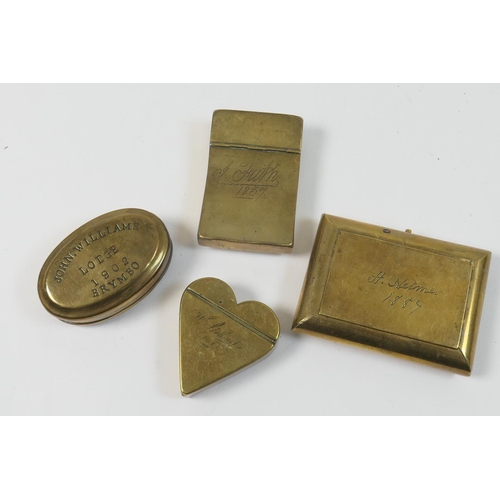 468 - Four Welsh miner's brass snuff boxes, including one of heart shape, inscribed 'W Stothart' and dated... 