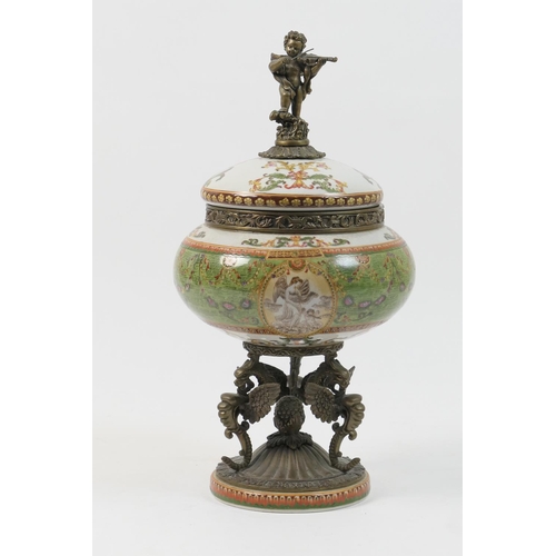 487 - Decorative French style metal mounted porcelain jar and cover, surmounted with a fiddle playing cher... 