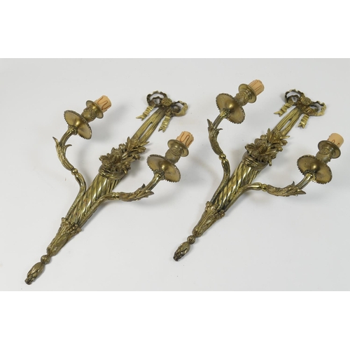 489 - Pair of French cast brass twin branch wall lights, in the French Republic style, cast as a cornucopi... 