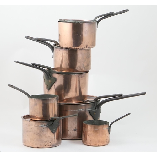 493 - Set of Victorian copper pans by Benham & Froud, comprising 24cm and 20cm lidded pans, three 16.5cm l... 