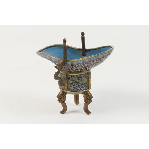 494 - Chinese cloisonne ritual drinking cup, 19th Century, of archaic bronze shape with a cast brass drago... 