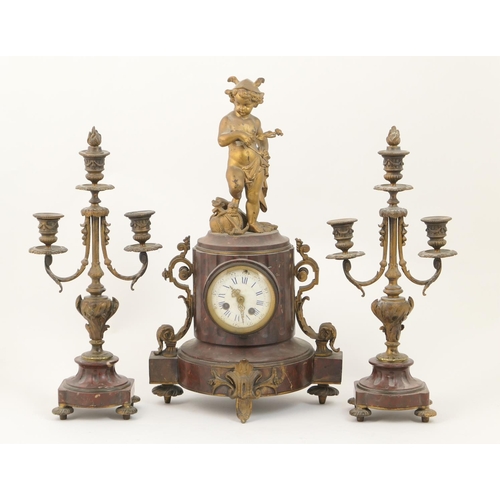 495 - French ormolu and scagliola marble clock garniture, circa 1890, the clock case surmounted with a fig... 