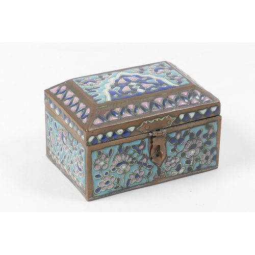 498 - North African enamelled brass jewellery casket, worked with flowers in shades of blue and white, 11c... 