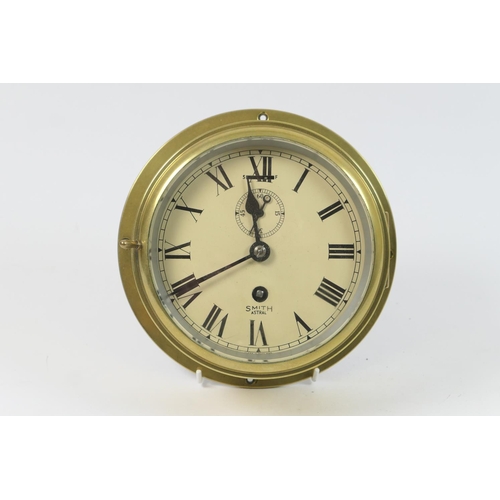 500 - Smiths Astral brass bulkhead clock, 13.5cm dial with subsidiary dial, the back plate 20cm diameter
P... 