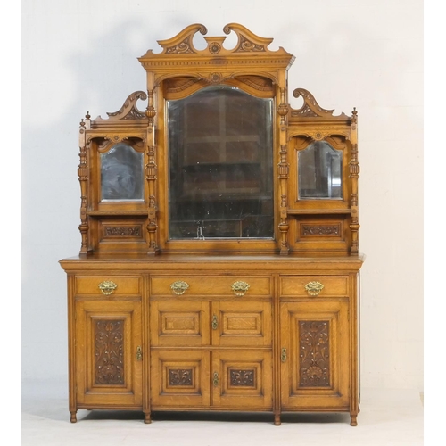 539 - Victorian oak mirror back sideboard, circa 1880, the high back with carved swan neck pediment, over ... 