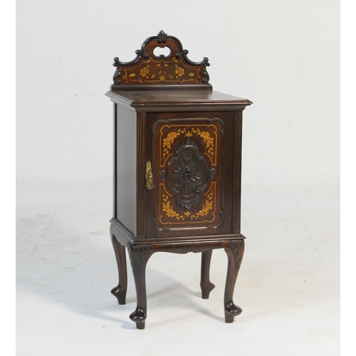 544 - Quality Victorian carved mahogany and inlaid pot cupboard, circa 1890, having a back carved with C-s... 