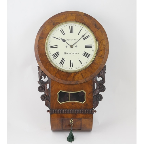 553 - Victorian burr walnut drop trunk wall clock, by J Knowles, Birmingham, circa 1860, white painted 29c... 