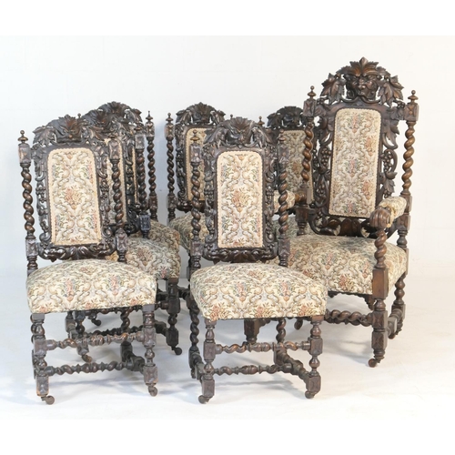 561 - Set of Victorian carved oak barleytwist dining chairs, comprising one carver and six singles, each w... 