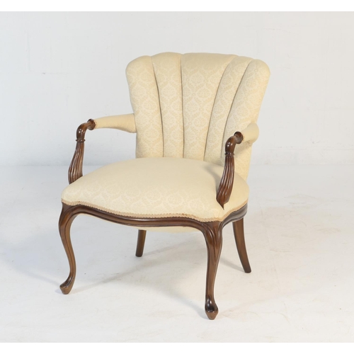 571 - American mahogany and ivory damask armchair, 20th Century, fan shaped back, semi-upholstered open ar... 