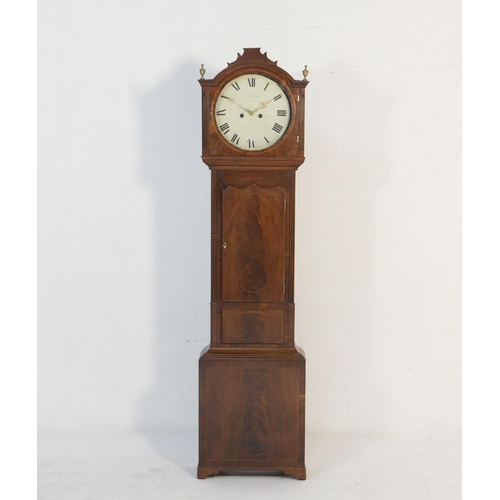 572 - Scottish mahogany eight day longcase clock, circa 1820, the hood with two brass finials flanking a p... 