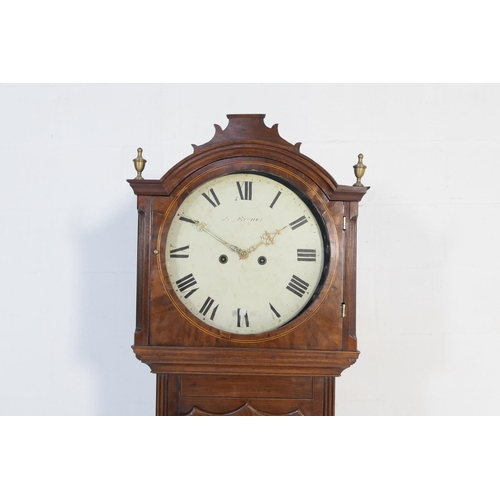 572 - Scottish mahogany eight day longcase clock, circa 1820, the hood with two brass finials flanking a p... 