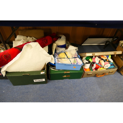 113 - Fabric cushions, embroidered linens, knitting needles and wool; large quantity of ribbons contained ... 