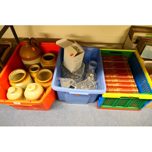 118 - Vintage storage jars, decorative glassware and children's encyclopaedia (3 boxes)