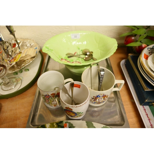 32 - Carlton ware leaf form bowl, silver plated spoons, sugar bows, Royal commemorative tankards