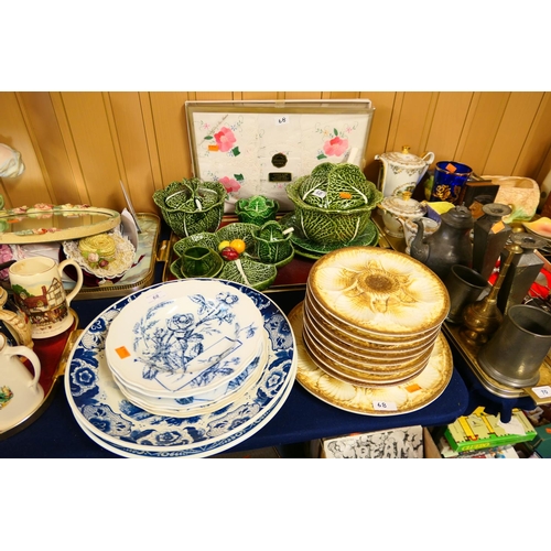 68 - Victorian blue and white plates and bowls, Delft chargers, Longchamp scallop dishes, assorted cabbag... 