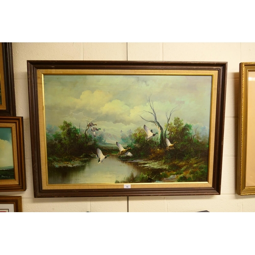 75 - N McGreen, framed oil on canvas, Ducks in Flight